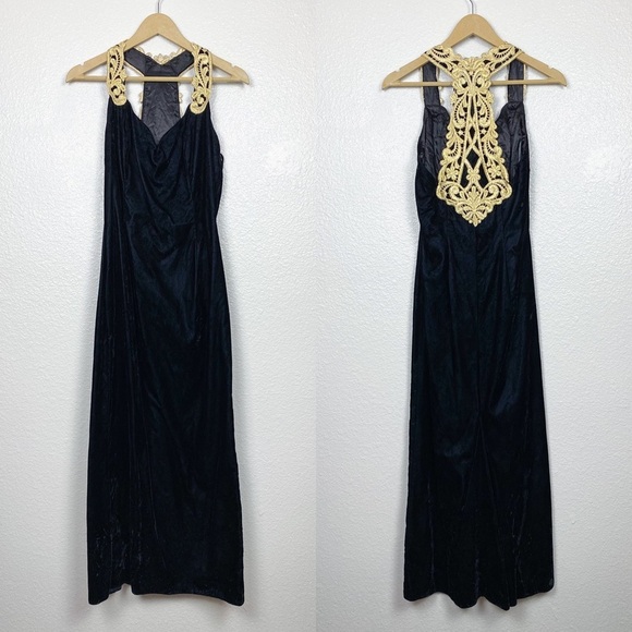 Vintage Scott McClintock Velvet Black Metallic Gold Sleeveless Formal Maxi Dress - Picture 4 of 9